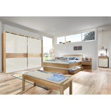 Wiemann Wega 250 cm 2 Doors Front in Champagne Glass Sliding Door Wardrobe with Cross Trim in Natural Wave Structure Wiemann Wega 250 cm 2 Doors Front in Champagne Glass Sliding Door Wardrobe with Cross Trim in Natural Wave Structure