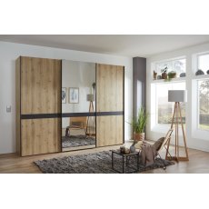 Wiemann Rialto 250 cm 3 Door Sliding Door Wardrobe with Front in Wooden Bianco Oak Doors and Middle Mirror  and 1 Cross Trim with Slate Finish Wiemann Rialto 250 cm 3 Door Sliding Door Wardrobe with Front in Wooden Bianco Oak Doors and Middle Mirror  and 1 Cross Trim with Slate Finish