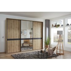 Wiemann Rialto 250 cm 3 Door Sliding Door Wardrobe with Front in Wooden Bianco Oak Doors and Middle Mirror  and 1 Cross Trim with Slate Finish