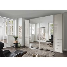 Wiemann Nizza 250 cm  4 Door 4 Drawer 2 Outer Left and Right Hinged Door and 2 Centre Sliding Door with Front in White Glass Wiemann Nizza 250 cm  4 Door 4 Drawer 2 Outer Left and Right Hinged Door and 2 Centre Sliding Door with Front in White Glass