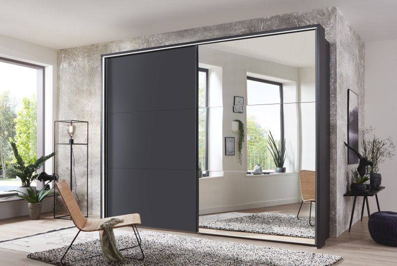 Wiemann German Furniture Wiemann Korfu 200 cm 2 Door Sliding Wardrobe In Basalt Carcase And Facing Left Mirror