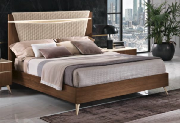 Saltarelli Mobili Saltarelli Emozioni Walnut Bed With Narrow Upholstered Headboard, Sides and Footboard in Wood