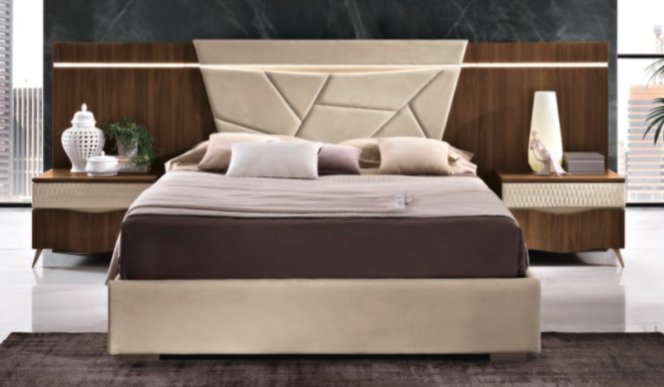 Saltarelli Mobili Saltarelli Emozioni Walnut Bed With Upholstered Headboard and Nightstand Back Panels, Upholstered Si