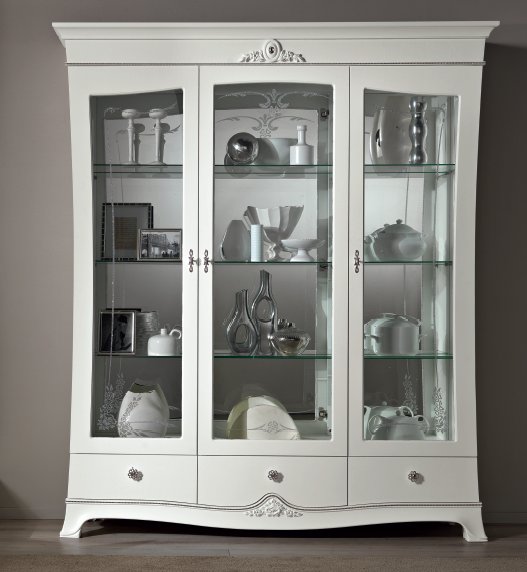 Saltarelli Mobili Saltarelli Giulia White Vetrina 3 Doors Glass Cupboard with Drawers.