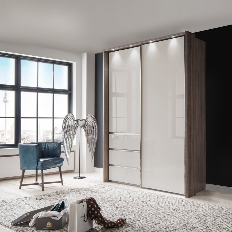 Wiemann German Furniture Wiemann Malibu 165 cm 2 Door Sliding Wardrobe with 3 Drawer Left with Front in Champagne Glass