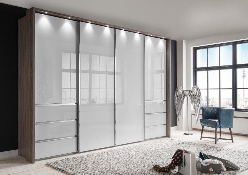 Wiemann German Furniture Wiemann Malibu 4 Door Sliding Wardrobe with 6 drawers with Glass  White