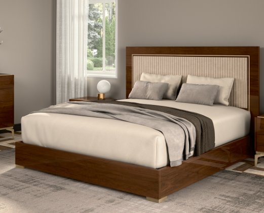 Status SRL Italy Status Eva Walnut Upholstered Bed with Velvet Beige Headboard