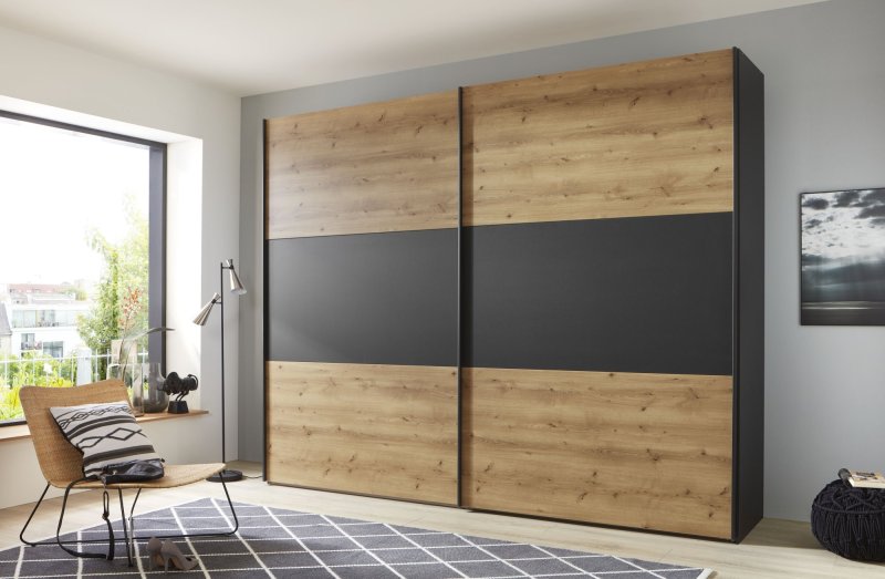 Wiemann Korfu 200 cm 2 Door Sliding Wardrobe with Center Panel in Carcase colour and Front in Bianco Oak Finish