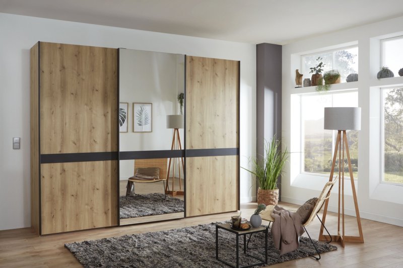 Wiemann Rialto 250 cm 3 Door Sliding Door Wardrobe with Front in Wooden Bianco Oak Doors and Middle Mirror  and 1 Cross Trim with Slate Finish