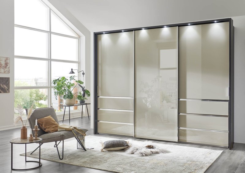 Wiemann Malibu 250 cm 3 Door Sliding Wardrobe with Front in Champagne Glass with 6 drawers